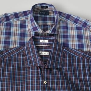 2‎ Peter Millar Collection Plaid Dress Shirts Large Cotton Silk Blend Lot